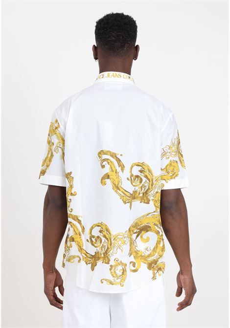 Camicia da uomo bianca con stampa watercolor baroque in oro VERSACE JEANS COUTURE | 76GAL222NS452G03